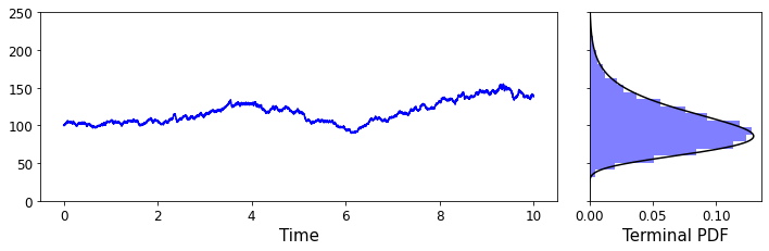 A diagram illustrating the lognormal model. Left: the lognormal model process in time. Right: the terminal probability distribution histogram (blue) and lognormal distribution (black).